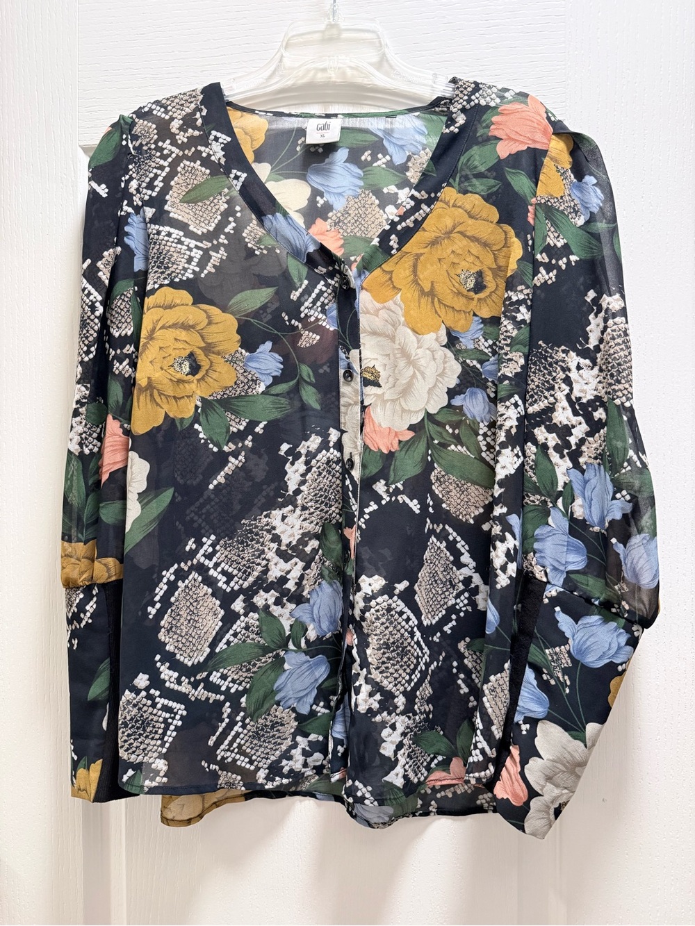 CAbi Black Floral & Snake-Print Button Down Blouse